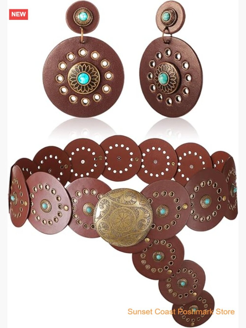Women PU Leather Western Belt and Earrings Set Cowgirl Disc Country Outfits